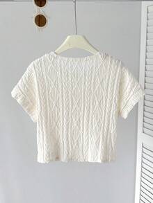 SHEIN 少女白色春夏休闲优雅宽松落肩圆领提花纹理蝴蝶结装饰T恤