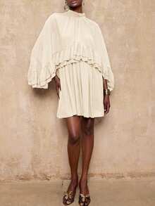 Lumalex VITNOS Rochie scurtă lejeră, elegantă, de toamnă, cu guler înalt, cu tiv dublu, cu volane, culoarea cafelei, sexy, pentru club de noapte, rochie pentru invitați de nuntă, rochie pentru întoarcerea la școală, ținută de toamnă