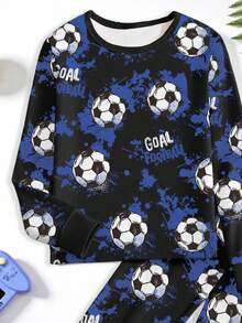 2 Piece Sets  Tween Boys Snug Fit Pajamas, Graphic Football Print Long Sleeve Top And Long Pants, Spring/Autumn Boys Pajama Set For 10 Year Boys Football Pajamas Boys 2 Pcs Set Boys Pajama Set - Blue - View 3