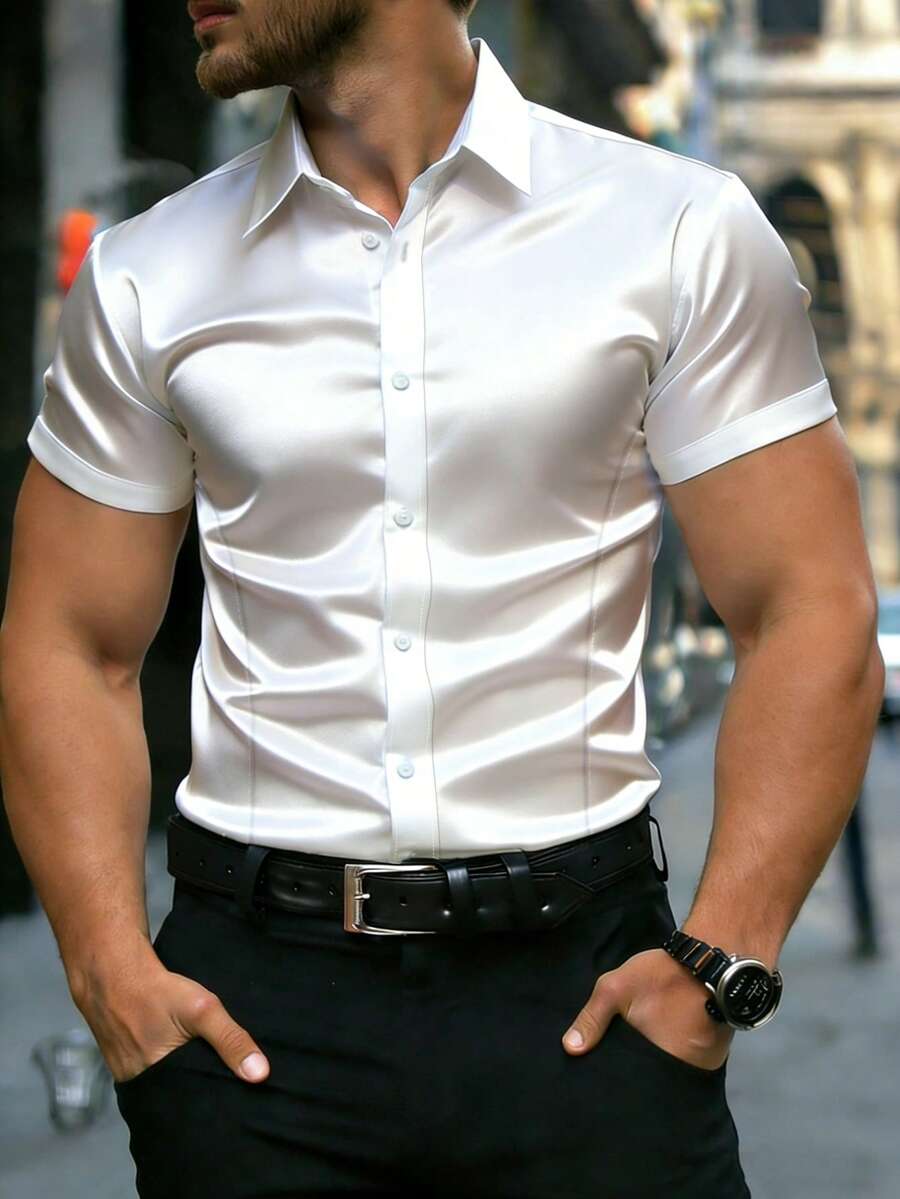 Manfinity AFTRDRK Áo sơ mi nam tay ngắn chất liệu vải dệt họa tiết, kiểu dáng công sở thường ngày, áo sơ mi nam tay ngắn lịch sự, áo sơ mi nam cổ trắng, áo sơ mi nam trắng, phong cách cổ điển, thích hợp cho mặc hàng ngày, đi chơi cuối tuần, hoạt động ngoài trời, du lịch, môi trường làm việc thoải mái hoặc các dịp bán trang trọng, quà tặng cho bạn trai/chồng, quà kỷ niệm/sinh nhật, tiệc tùng, kỳ nghỉ hè, lễ hội, năm mới, đám cưới, ngày Valentine, áo sơ mi satin nam, áo sơ mi công sở satin. - trắng - Xem 1