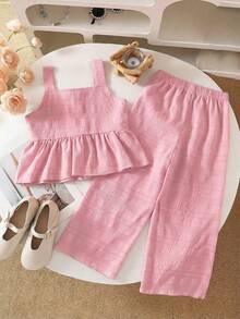 SHEIN Genkimix Kids 2pcs Girls (Small) Casual Textured Fabric Camisole & Wide Leg Pants Set, Pink Comfortable & Fashionable Outfit - Pink - View 2