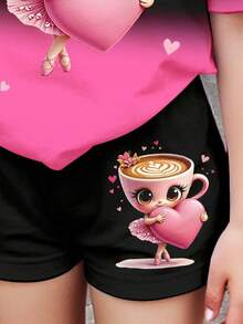 SHEIN 2pcs/Set Vintage Cute Pink Heart & Ombre Cartoon Character Print Casual Short Sleeve T-Shirt And Shorts Set, Suitable For Summer - Multicolor - View 4