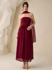 Modelyn Women's Elegant Strapless Ruffle Trim Slim Fit Dress - Burgundy - View 5