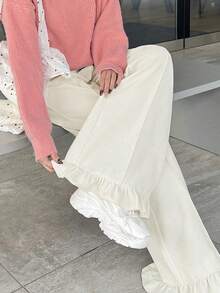 FRIFUL Quần dài nữ cạp chun, chất liệu nhung, phối họa tiết hoa, viền gấu. - trắng - Xem 2