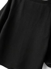 SHEIN PETITE CURVE 大码女式短款V领休闲通勤衬衫，七分袖/半袖，亚麻质感，黑色纯色纽扣衬衫，适合情人节、圣诞节、万圣节、感恩节、婚礼季、母亲节、春夏秋冬等各种场合。女士上衣和衬衫，休闲优雅，新款女式上衣。 - 黑色 - 查看 6