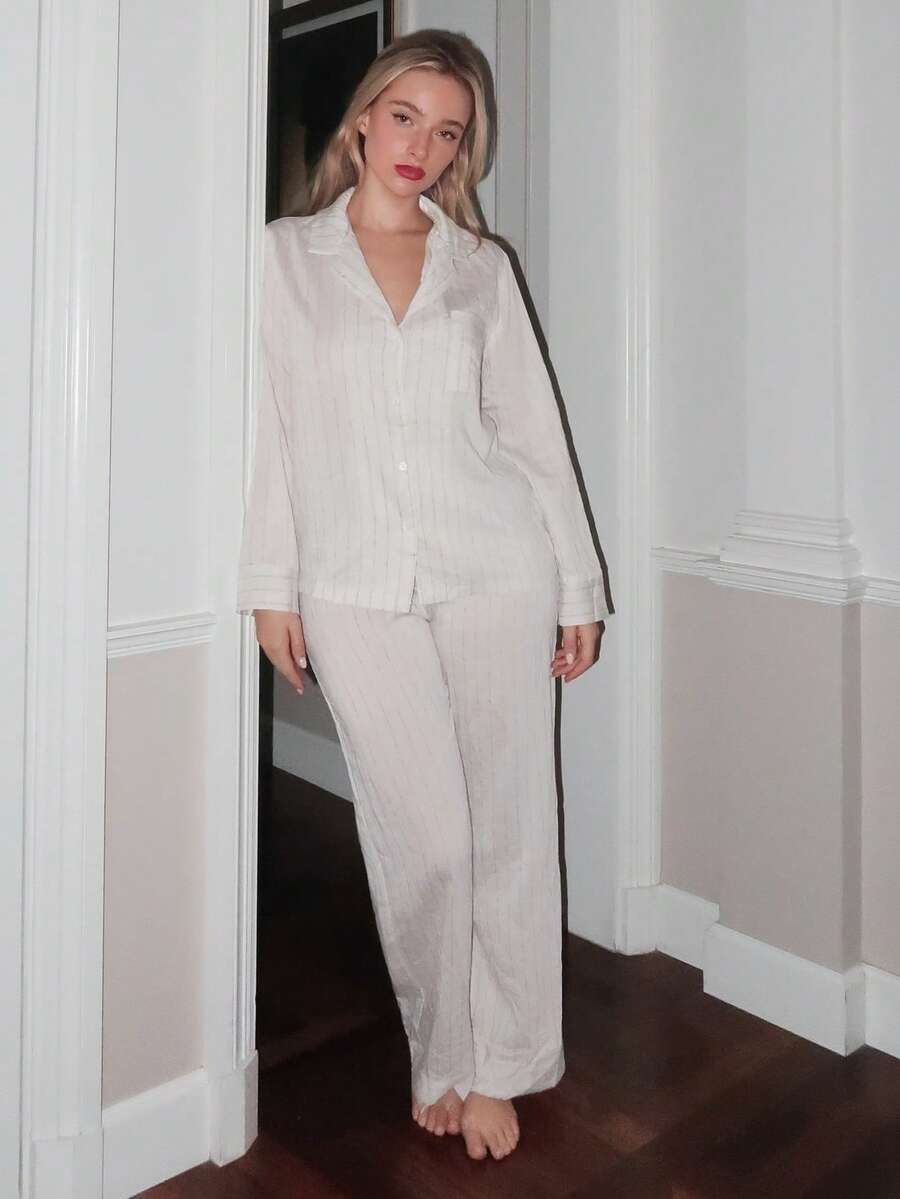 Turnttoni 休闲亚麻长袖上衣和长裤条纹睡衣套装，舒适的假日季节舒适优雅的细节，秋季服装 - 米色 - 查看 1