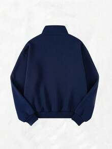 SHEIN ChillGRL Teen Girls Zip-Up Sweatshirt With Bow Print, Comfortable Navy Blue Sweatshirt, Suitable For Autumn/Winter Wear - Navy Blue - View 2