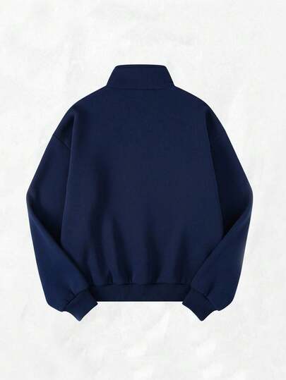 SHEIN ChillGRL Áo khoác nỉ có khóa kéo dành cho nữ tuổi teen, in hình nơ, màu xanh navy thoải mái, thích hợp mặc vào mùa thu/đông.