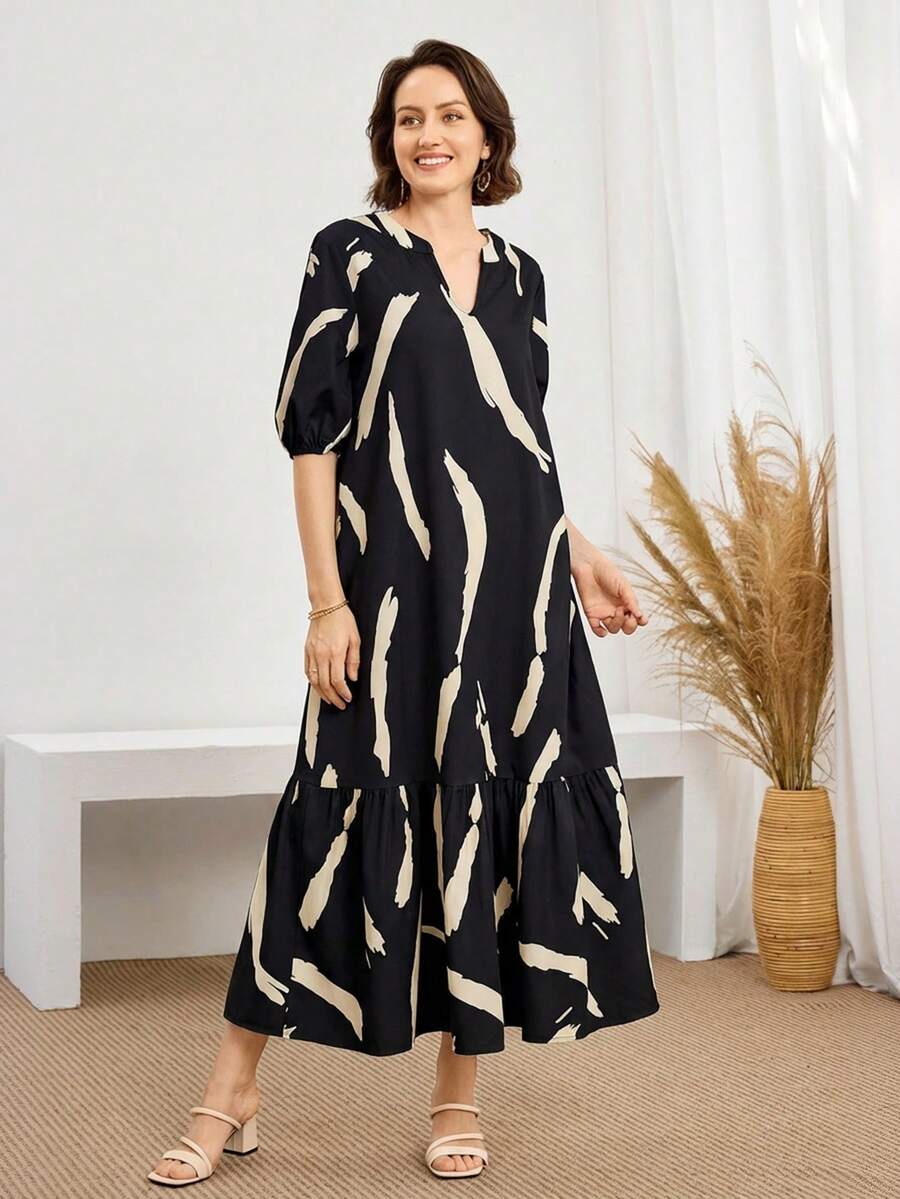 Miaspire Women's Daily Wear Holiday Spring And Summer V-Neck Brush Print Khaki Daily Casual Modest Dresses For Mothers Day - Black - View 1