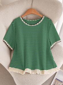 SHEIN Cosyjoi Plus Size Women's Casual Striped Loose Fit Round Neck T-Shirt, Versatile For Summer - Green - View 5