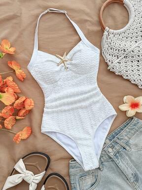 Tween Girls Vacation Halter Tie V-Neck Metal Starfish & Shell Tassel Webbing Decor White Knit Textured Fitted One-Piece Romper Swimsuit