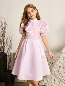 SHEIN Tween Girl Fashion Party Banquet Mock Neck Jabot Collar Bubble Sleeve Embroidered Decor Waist Fit Dress - Pink - View 8