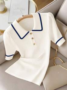 Everyssa Fashionable New Stylish Polo Collar Button Decor Colorblock Short Sleeve T-Shirt For Women - White - View 1