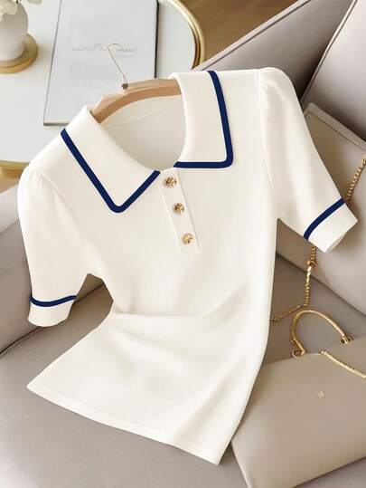 Everyssa Fashionable New Stylish Polo Collar Button Decor Colorblock Short Sleeve T-Shirt For Women