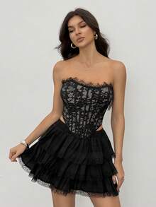 SHEIN Tall 夏季海滩度假纯色蕾丝文胸上衣，适合日常约会、夜间外出、夜店、派对、聚会、鸡尾酒会、泳池派对、返校季服装、学期服装、假日服装、办公通勤服装，束身胸衣 - 黑色 - 查看 4