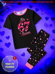 Tween Girls Pajamas Set, Glow-In-The-Dark Heart & Number 67 Print Top Paired With All-Over Heart Print Tight Fit Knit Crew Neck Short Sleeve Pants, Spring/Summer, 1 Set, Valentine's Day Gift - Black - View 5
