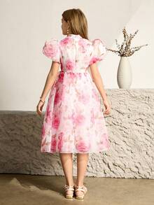 White And Pink Summer Elegant Party Flower Girl Dress For Graduation,Wedding,Digital Printed Floral Pattern,Stand Collar,Puff Sleeves,Oversized Bow - Pink - View 2