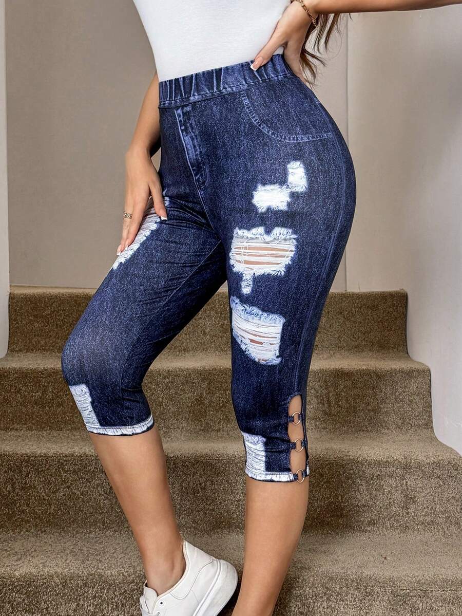 SHEIN LUNE Black 7-Point Leggings With Cutout Details For Women, Stretchy High-Waisted Leggings, Suitable For Sports, Casual And Fashion Wear Denim Capris For Women Ripped Women Jeans Capri Pants Set Curve Capris Jean 2 Piece Set - Blue - View 1