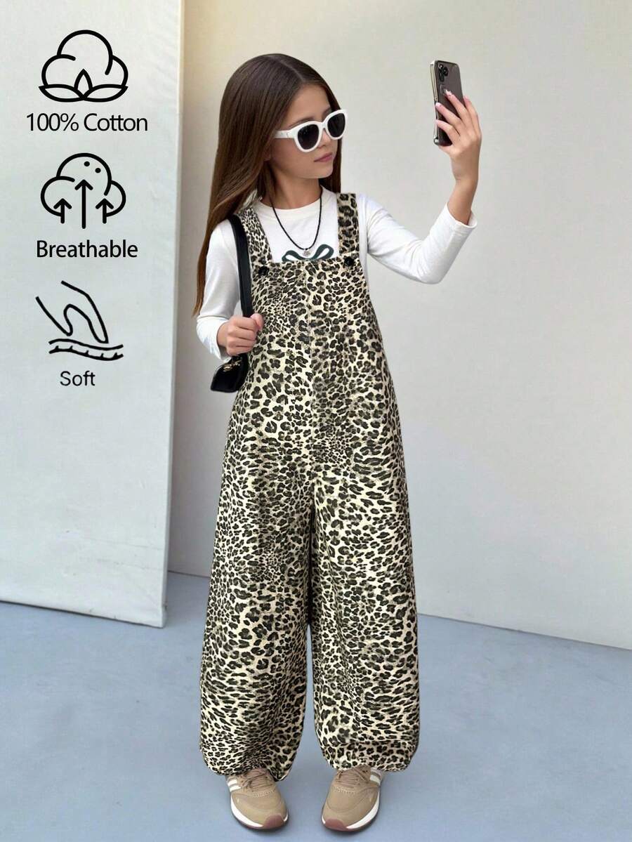 SHEIN Tween Girls Fall Winter Clothes Casual Leopard Print Pocket Loose Fit Baggy Jumpsuit Cheetah Print Without Tee,Casual Versatile Jeans,Back To School Fall Autumn Winter Homecoming Clothes,Halloween Clothes Girl,Christmas Clothes,Old Money Outfits - Multicolor - View 1