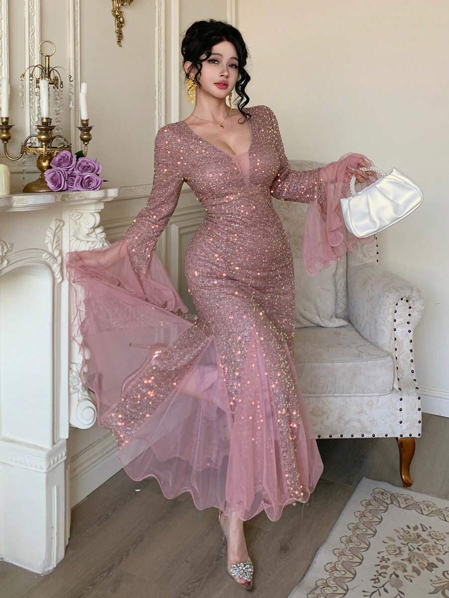 DAZY 春夏水钻闪亮优雅派对连衣裙，适合情人节、婚礼、宴会、舞会、时尚活动等场合，修身剪裁，收腰设计，及膝长度，粉色嘉年华闪亮连衣裙/吊带裙 - 粉色 - 查看 1