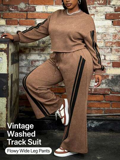 Slaydiva Conjunto de 2 piezas de estilo occidental casual para mujer 2025 Nuevo Pascua: Top de manga larga con lavado ácido y pantalones de corte holgado, a rayas en marrón y negro