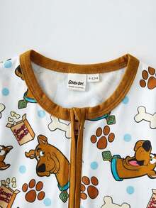 SCOOBY-DOO X SHEIN Baby Boy Cute Cartoon Bone & Paw Print All-Over Print Crew Neck Long Sleeve Zip Front Knit Jumpsuit Pajamas - White - View 3