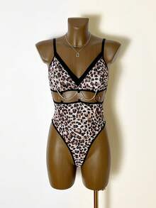 SHEIN 1件豹纹蕾丝印花性感连体衣 - 彩色 - 查看 3