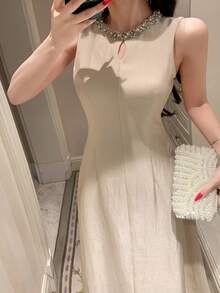DAZY Korean Style Elegant Sexy Sleeveless Midi Dress For Women Sun Dresses For Women Summer Petite Golf White - Apricot - View 4