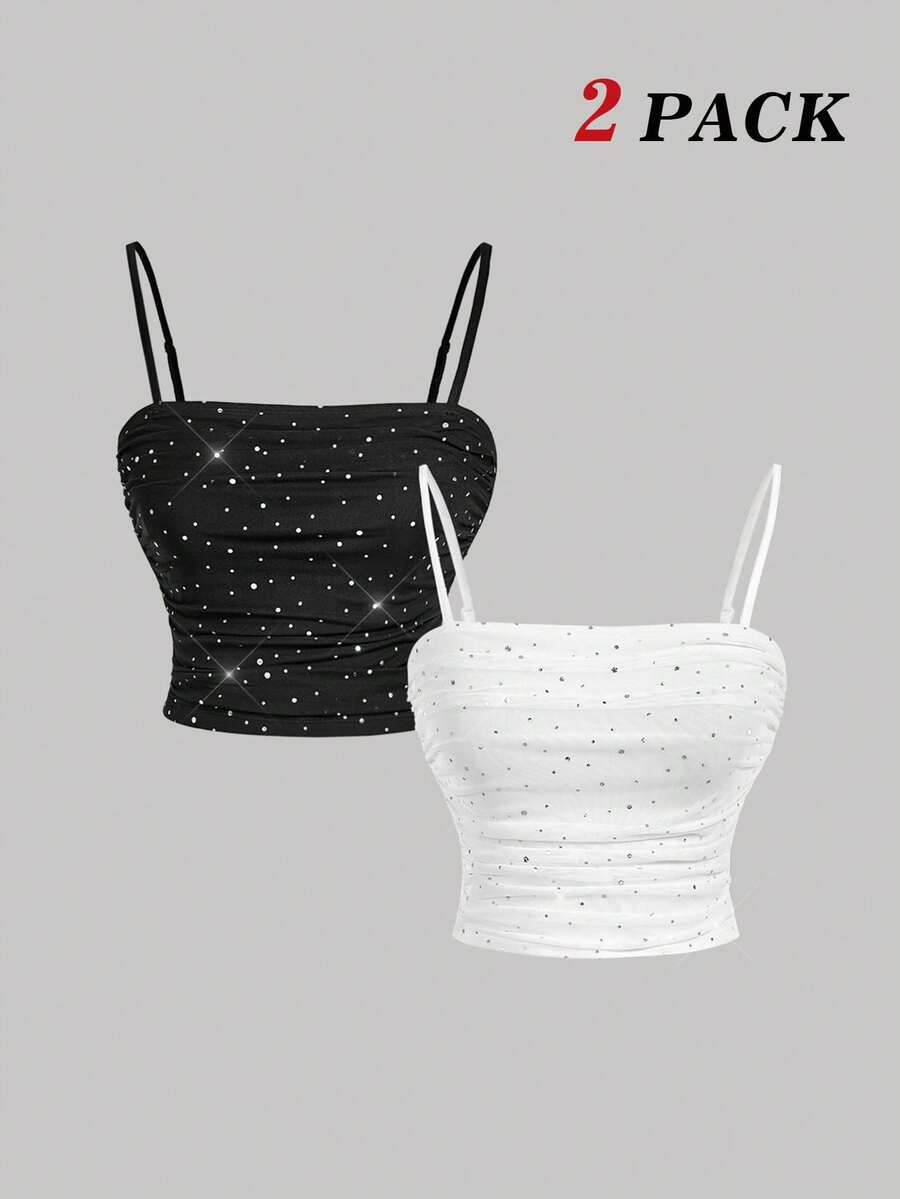 SHEIN MOD 2pcs Women's Black & White Pleated Front Fitted Elegant Cami Top, Country,Beach Vacation Wear,Tea Party,Modest,Prom Top,Cute Tops,Valentine's Day,Club,Summer,Spring Break,Sparkly Tops, Carnival Costume - Black and White - View 1