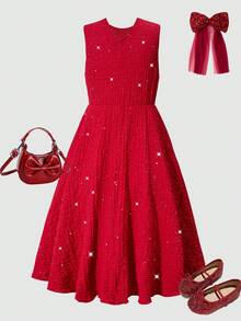 Elladie kids Summer Girls' Sleeveless Red Chiffon Elegant Dress With Big Bow, Suitable For Daily Wear - Burgundy - View 2