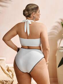 Swim Chiccia 2pcs Plus Size Women Textured Halter Neck Shell Trim Triangle Bikini Set, Vacation - White - View 2