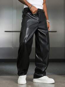 PAVTROS Men's Solid Color Pocket PU Leather Wide Leg Loose Casual Pants - Black - View 4