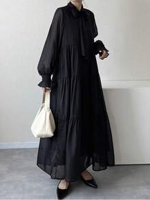 FRIFUL Damen Einfarbiges Kleid mit Krawattenausschnitt, Langarm, Rüschensaum, Lässig Sommerkleid - Schwarz - Übersicht 1