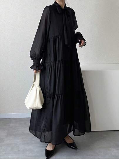 FRIFUL 女士纯色系带领长袖荷叶边下摆休闲连衣裙