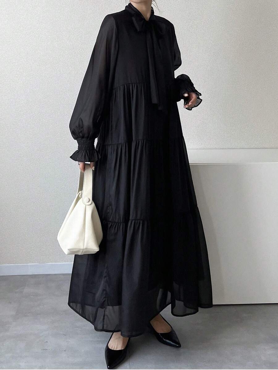 FRIFUL Damen Einfarbiges Kleid mit Krawattenausschnitt, Langarm, Rüschensaum, Lässig Sommerkleid - Schwarz - Übersicht 1