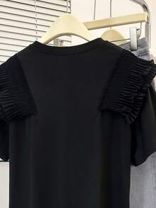 SHEIN Franclia Women's New Round Neck Short Sleeve Black Pleated Ruffle Trim Elegant Casual Commute Fashion T-Shirt, Spring/Summer Black Ruffle Top Black Summer Tops Fringe Shirt Black Blouse For Women Black Short Sleeve Top Black Tops Black Blouses For Women Elegant Women's Tops And Blouses Ladies Clothes Working Blouse New Arrival Blouse Best Saler Latest Tops For Women New Arrivals Blouses For Women New T Shirt Casual Tops For Women Elegant Women's Short Sleeve Tops - Black - View 3