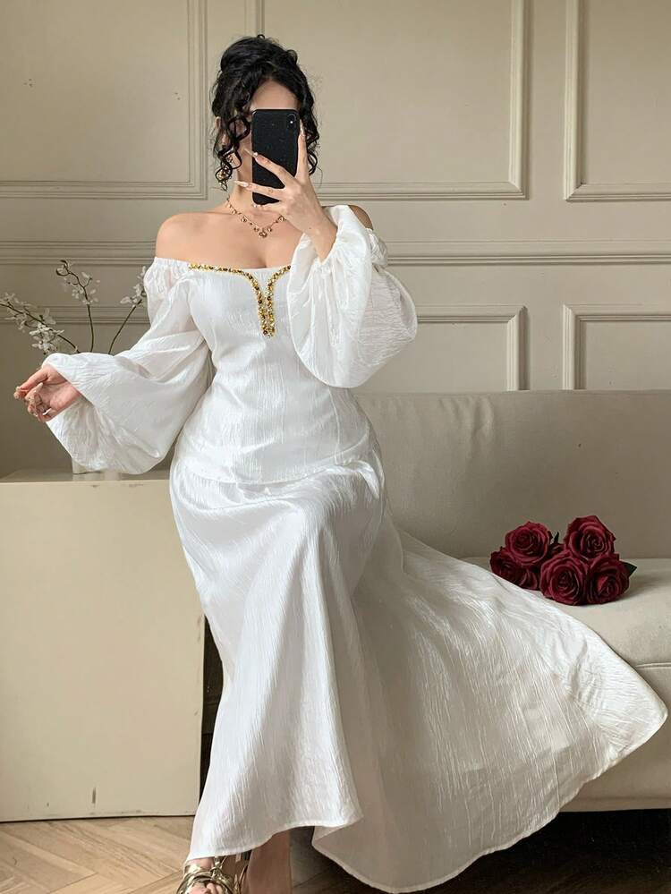 Women's Elegant Rhinestone Embellished Shirt And Skirt 2 Pieces Set, Spring/Summer,Wedding Guest Dress Women