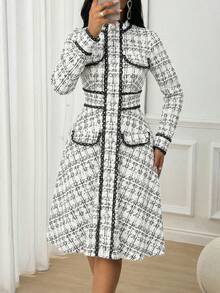 SHEIN Lady 女士立领插肩袖优雅中长连衣裙 - 白色 - 查看 3