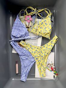 Swim Mod New Printed Spaghetti Strap High Cut Bikini Set Gingham Set Blue And Yellow Bikini Gingham Bikini Checkered Bikini Yellow Polka Dot Bikini - Multicolor - View 2
