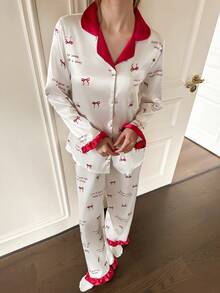 Napfluff 女士蝴蝶结和英文印花撞色仿丝翻领长袖睡衣套装 - 彩色 - 查看 6