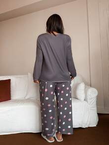SHEIN Set de pijama de 2 piezas con estampado de lunares y moño en talla grande - Multicolor - Ver 2