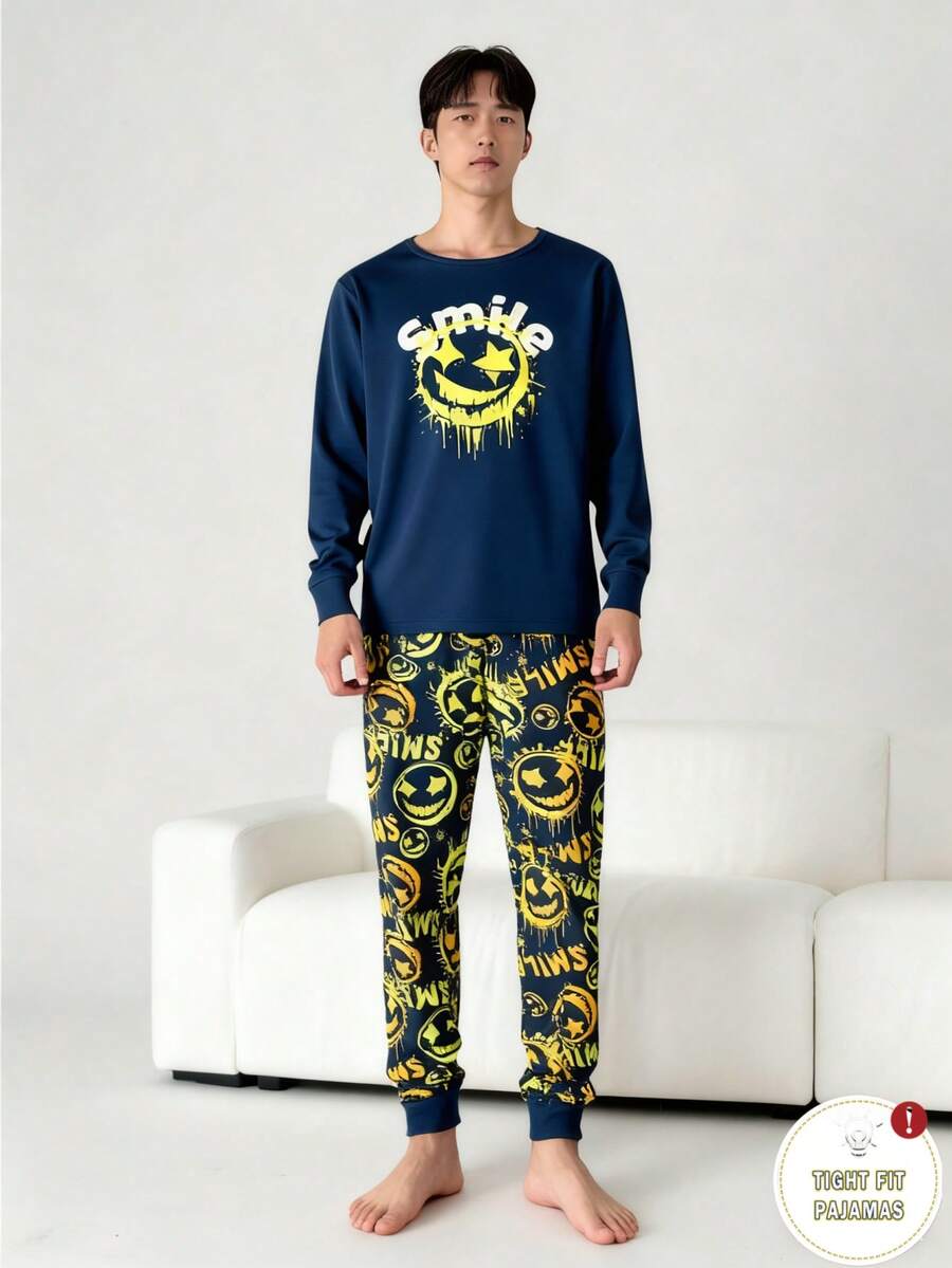 SHEIN 青少年男童藏蓝色修身家居服套装,字母卡通印花长袖上衣和长裤,适合秋冬季穿着。 - 彩色 - 查看 1