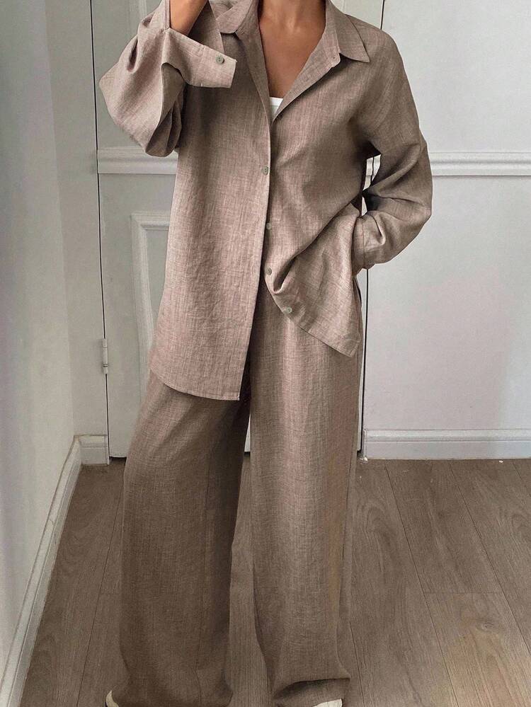 Women's Collared Long Sleeve Shirt And Straight Leg Pants 2 Pieces Casual Set Lounge Sets For Women