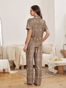 SHEIN Bubble Wrinkle Coconut Tree Print Short Sleeve Pajama Set - Multicolor - View 2