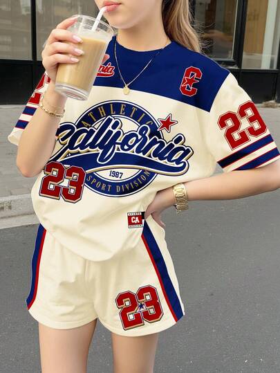 少女字母数字印花圆领短袖T恤和短裤休闲宽松套装，适合春夏穿着，嬉皮风音乐节、街头潮流、校园休闲运动、户外野餐、郊游、街头摄影、居家穿着。