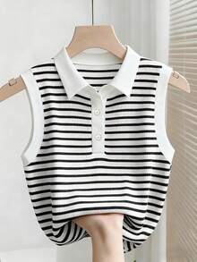SHEIN Franclia 女士时尚优雅条纹印花纽扣无袖背心 - 黑與白 - 查看 1
