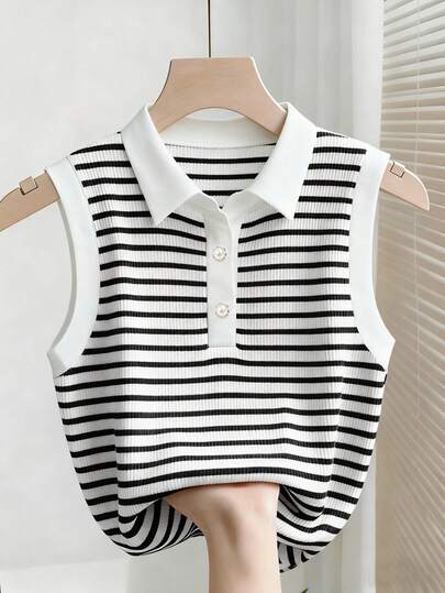 SHEIN Franclia Women's Fashionable & Elegant Striped Print Button Sleeveless Tank Top