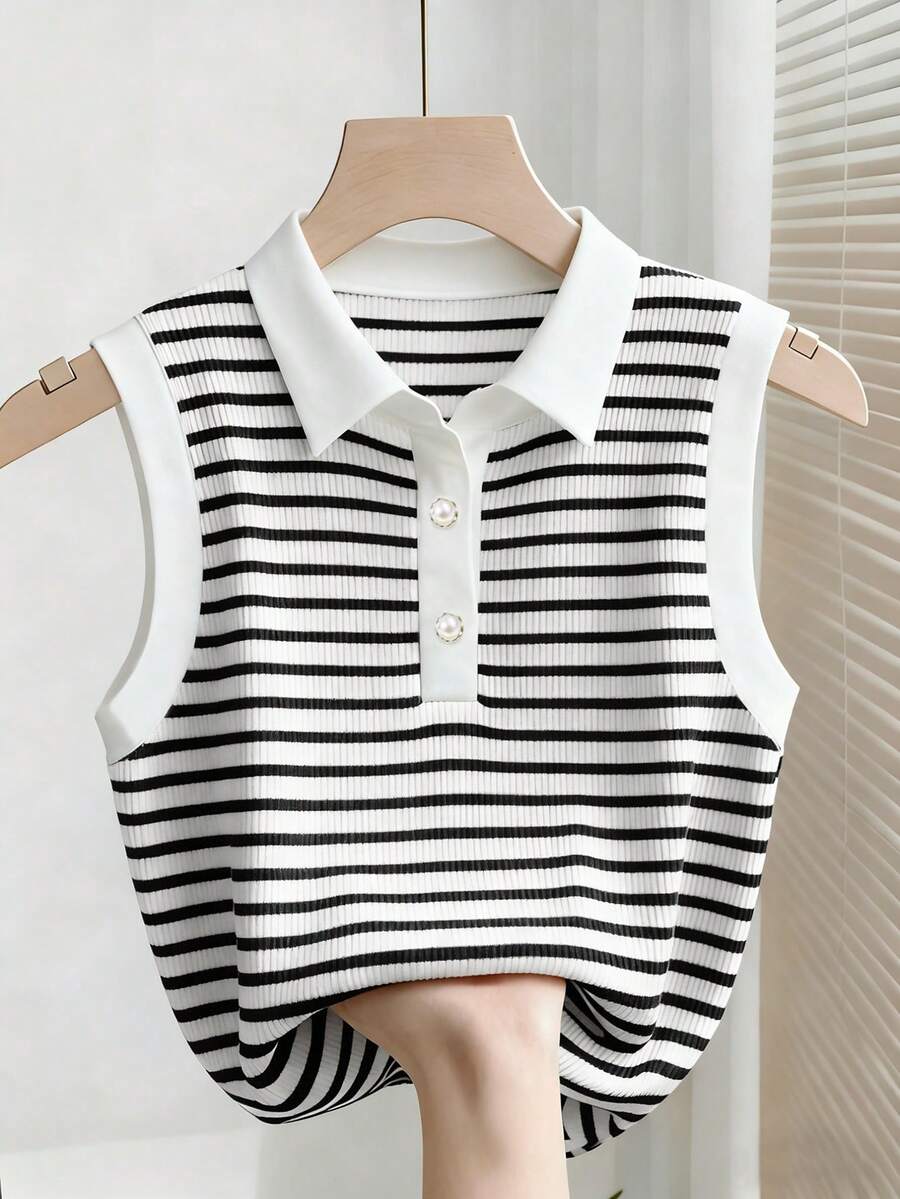 SHEIN Franclia 女士时尚优雅条纹印花纽扣无袖背心 - 黑與白 - 查看 1