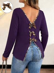 Vionelle Áo thun nữ cỡ lớn hở lưng cổ chữ V tay dài thắt nơ thanh lịch phong cách thường ngày - Màu tím - Xem 1