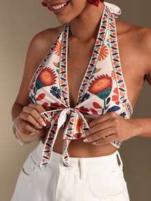 Swim Vcay 春夏新款一体式编织彩色花卉图案露背前系带优雅度假风女士泳装上衣
